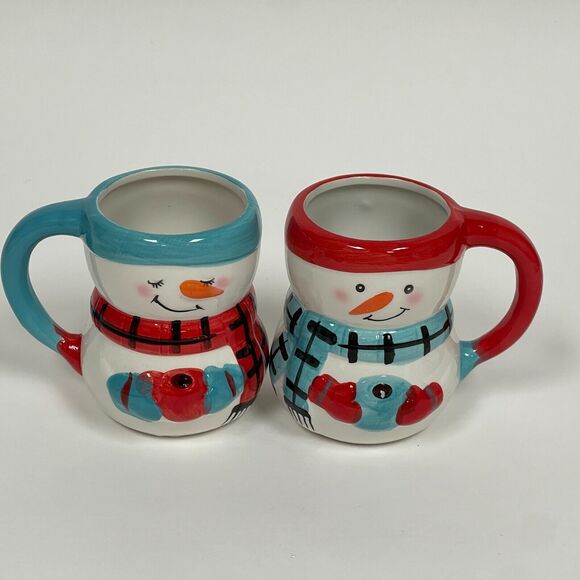 Bay Island Snowman Snowmen Snowwoman White Red Blue Cups Lot of 2 - Picture 2 of 8